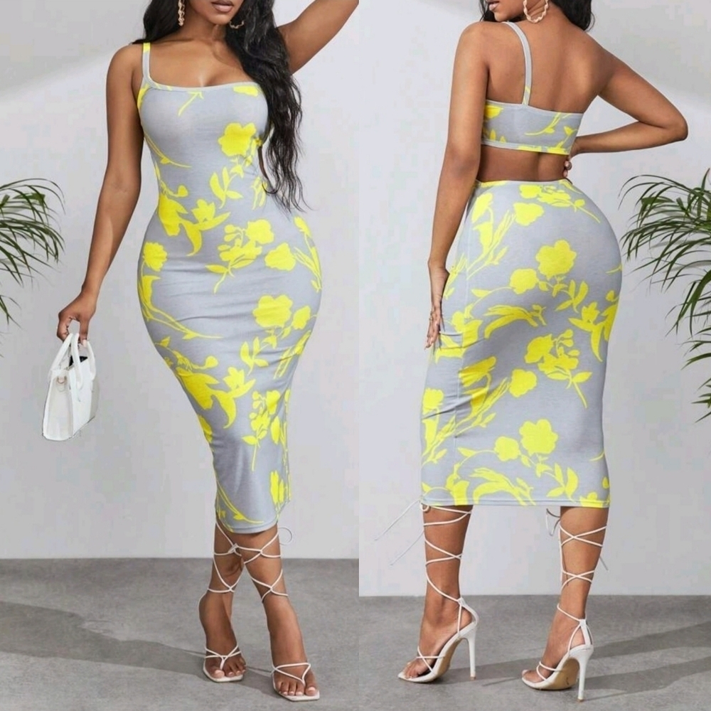 Cut Out Assymetrical Floral Print Cami Bodycon Dress